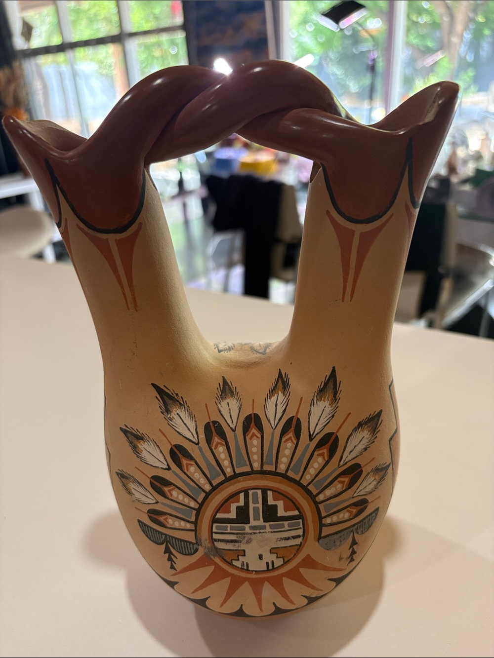 Hand-Painted Southwestern Double-Spout Pottery Vase in Tan and Brown
